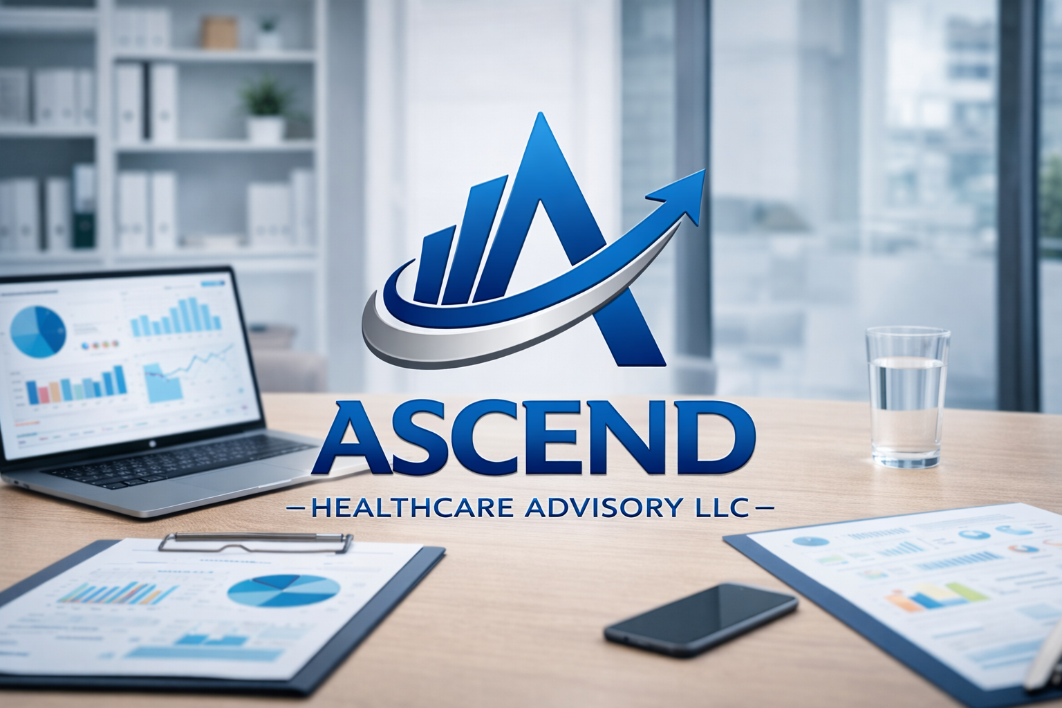 Ascend Healthcare Advisory logo with healthcare consulting analytics and performance data