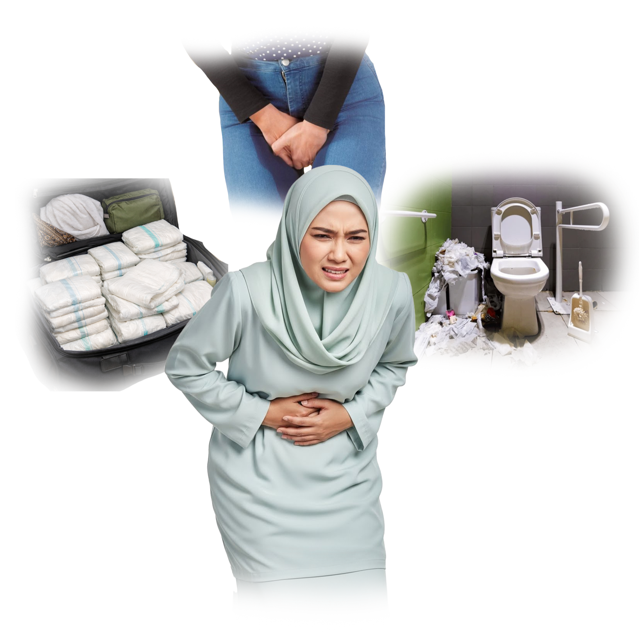 Woman experiencing urinary incontinence discomfort holding lower abdomen with toilet urgency and pelvic floor weakness concept