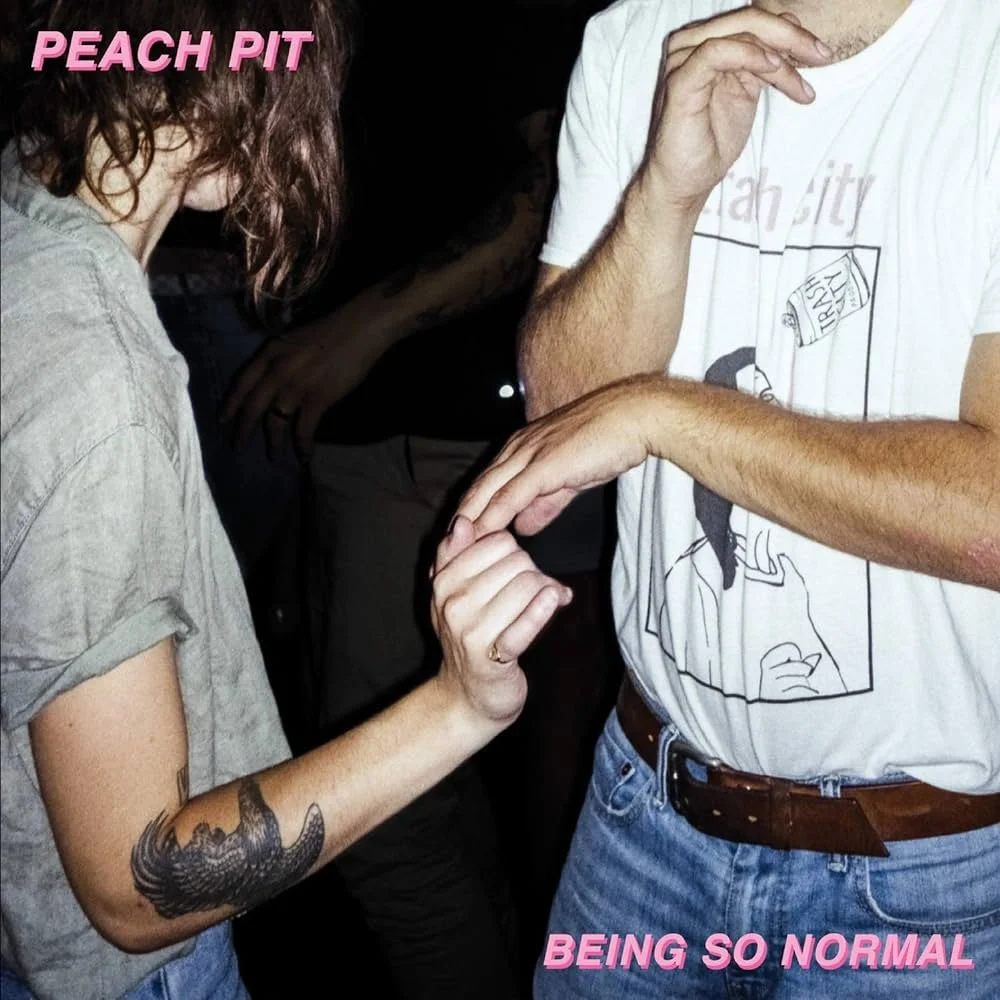 Two people holding hands with pink text overlay stating 'PEACH PIT' in the top left corner and 'BEING SO NORMAL' in the bottom right corner.