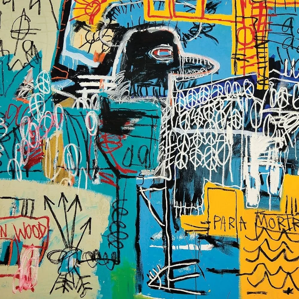 This abstract street art painting features a black creature with a red eye, surrounded by various scribbles, shapes, and text. Bright colors like blue, yellow, and red dominate the artwork, with the phrase 'PARA MORIR' (to die) visible on one yellow section.