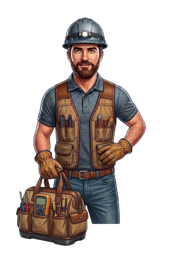 Illustration of a male electrician wearing a hard hat, safety gloves, a utility vest with tools, and holding a tool bag with electrical devices and tools.