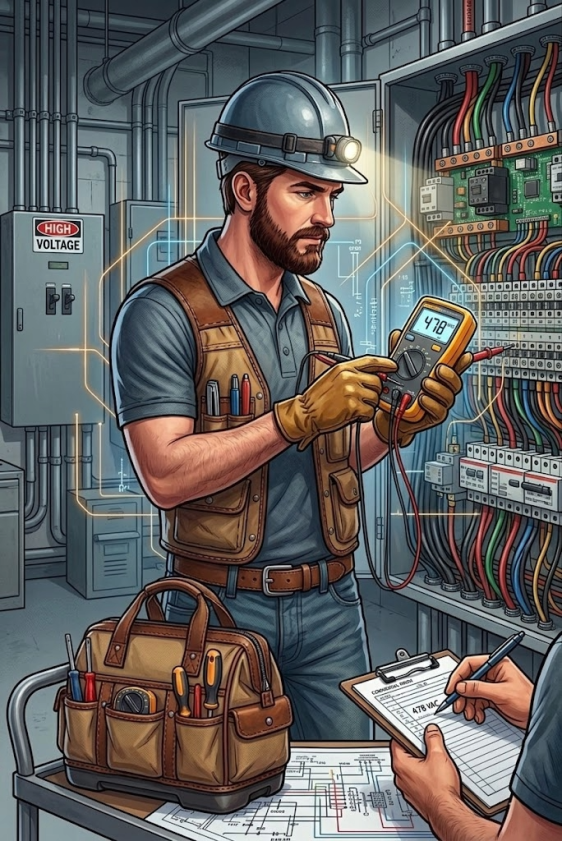 A male electrician wearing a safety helmet, gloves, and a vest working inside an electrical panel, using a multimeter to measure voltage, with tools and blueprints on a table nearby.