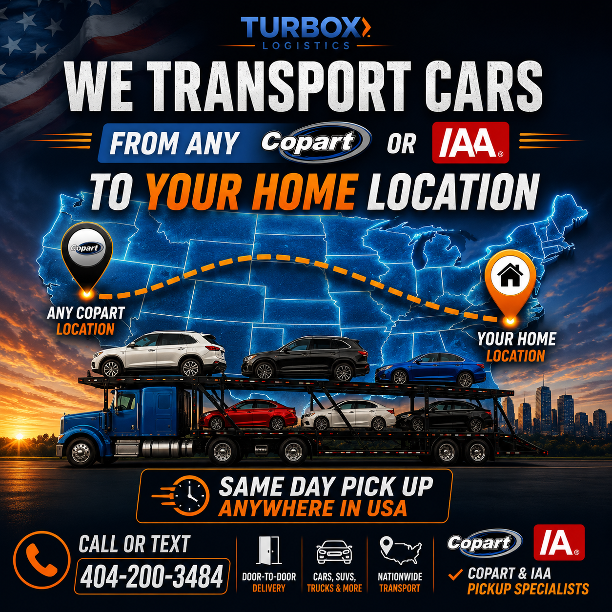 TurboX Logistics promotional graphic showing nationwide vehicle transportation from Copart and IAA Auto Auctions to homes and businesses across the United States.