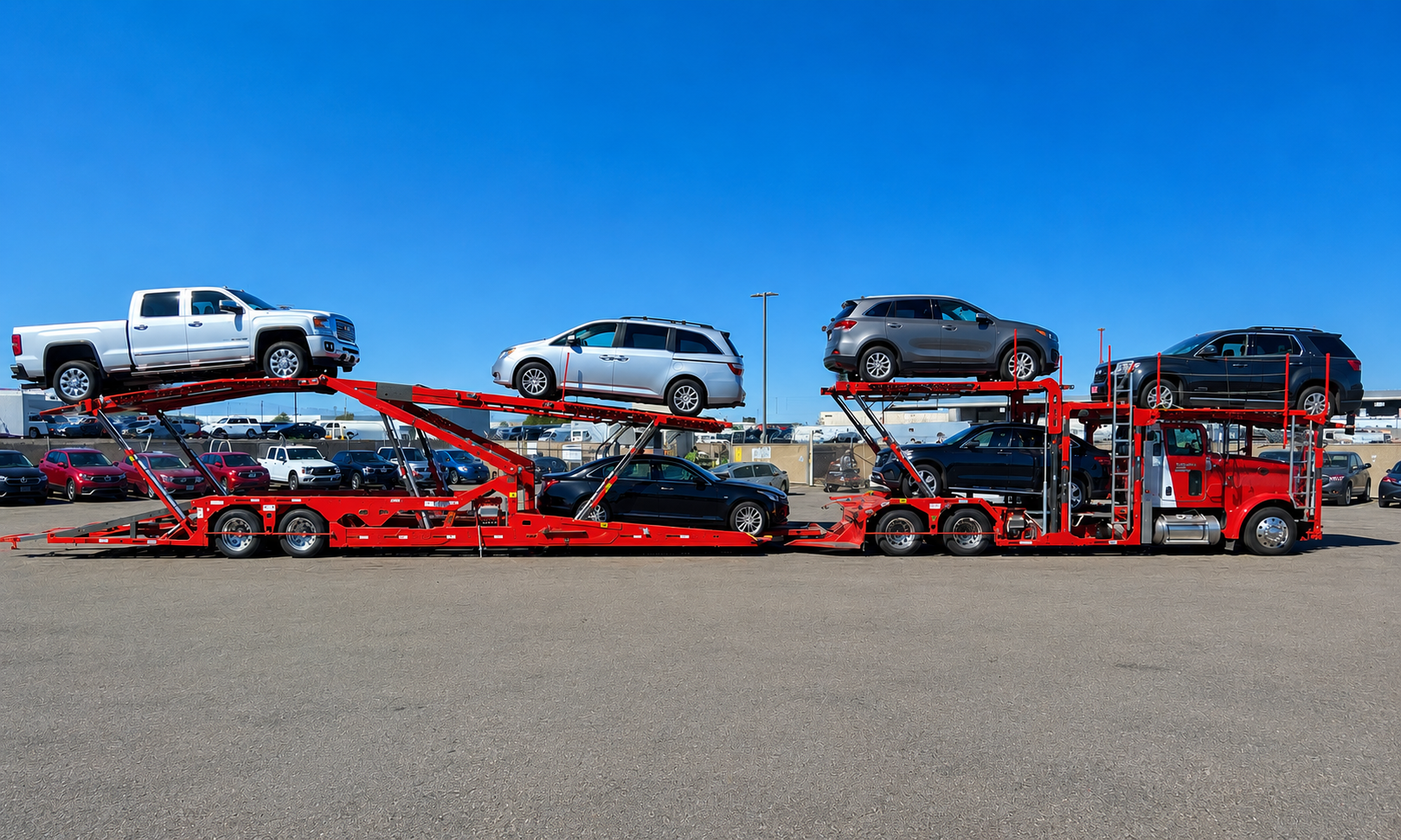 Open vehicle transport carrier delivering cars nationwide for individuals, dealerships, and vehicle auctions.