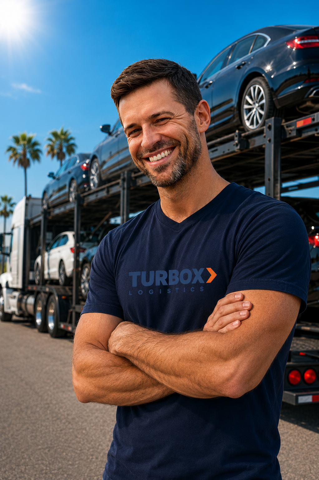TurboX Logistics representative standing in front of a loaded car carrier, helping customers with nationwide vehicle shipping and auto transport services.