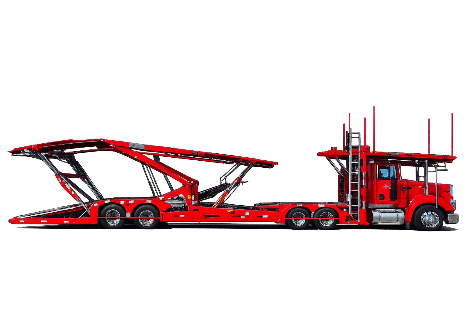 Stylized illustration of a red semi-truck with a multi-car carrier trailer representing nationwide vehicle shipping.