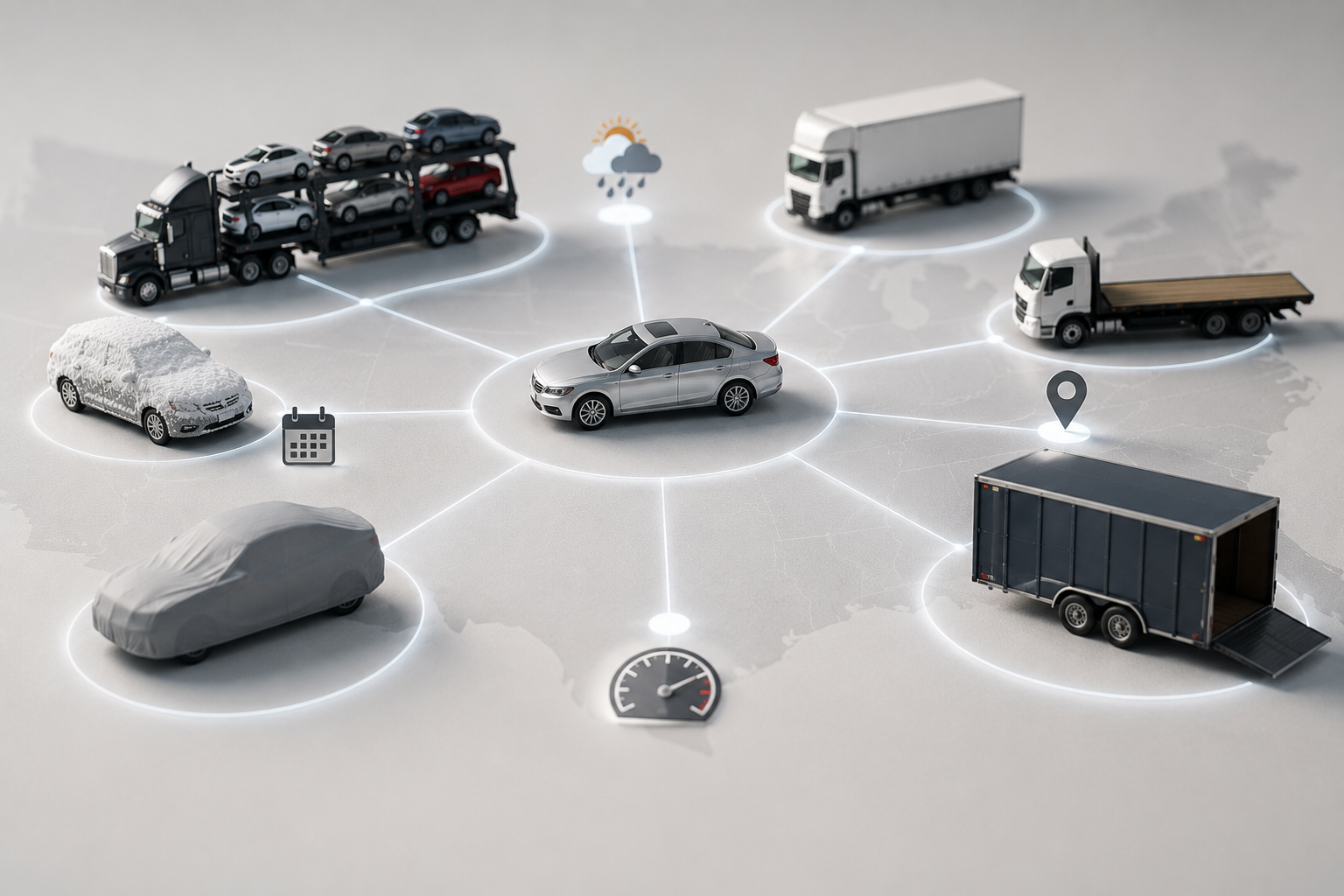 Illustration of vehicle transportation planning, showing different transport options, route coordination, scheduling, and logistics used to move vehicles safely across the country.