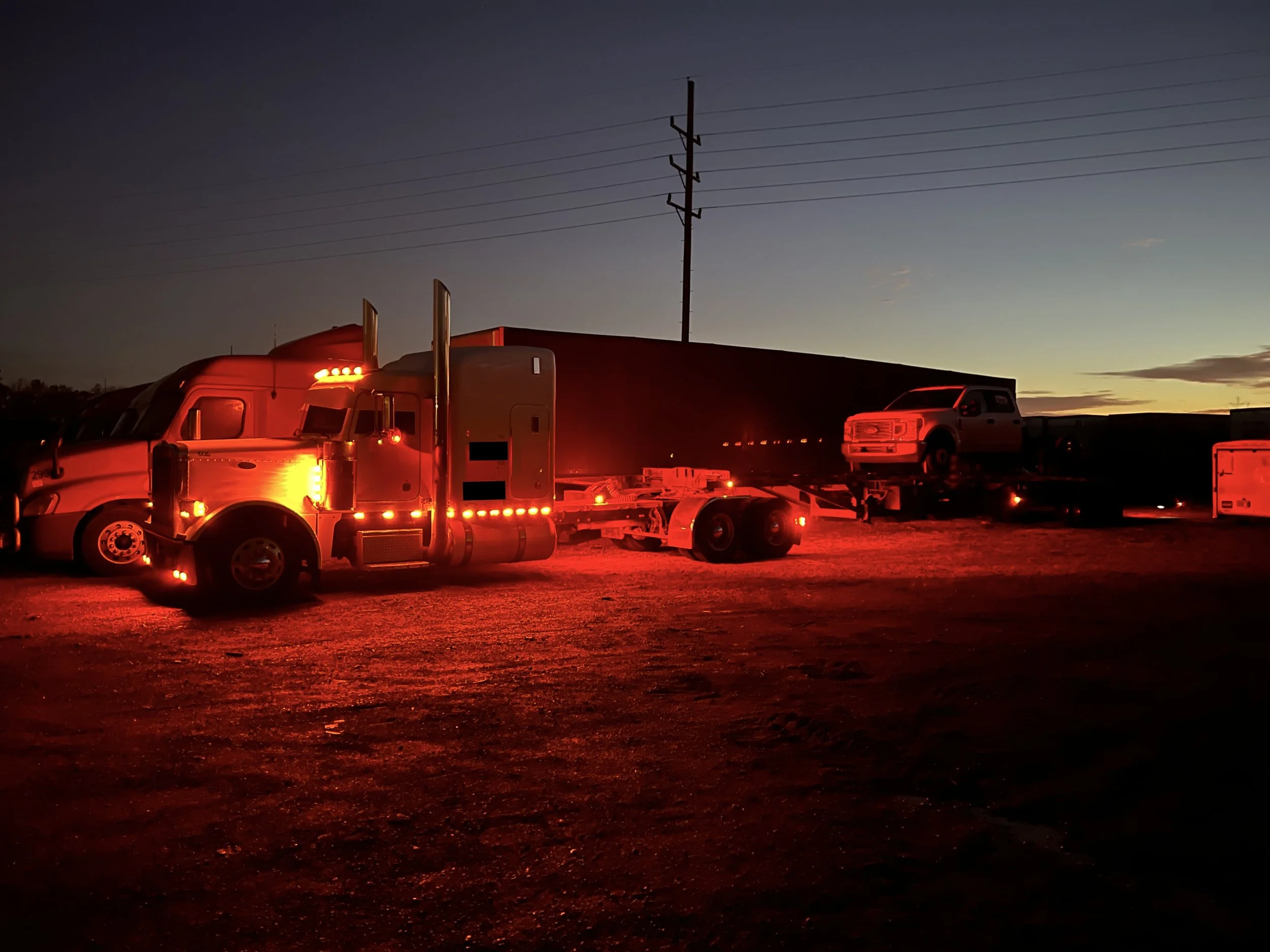 2003 Peterbilt 379 illuminated at night