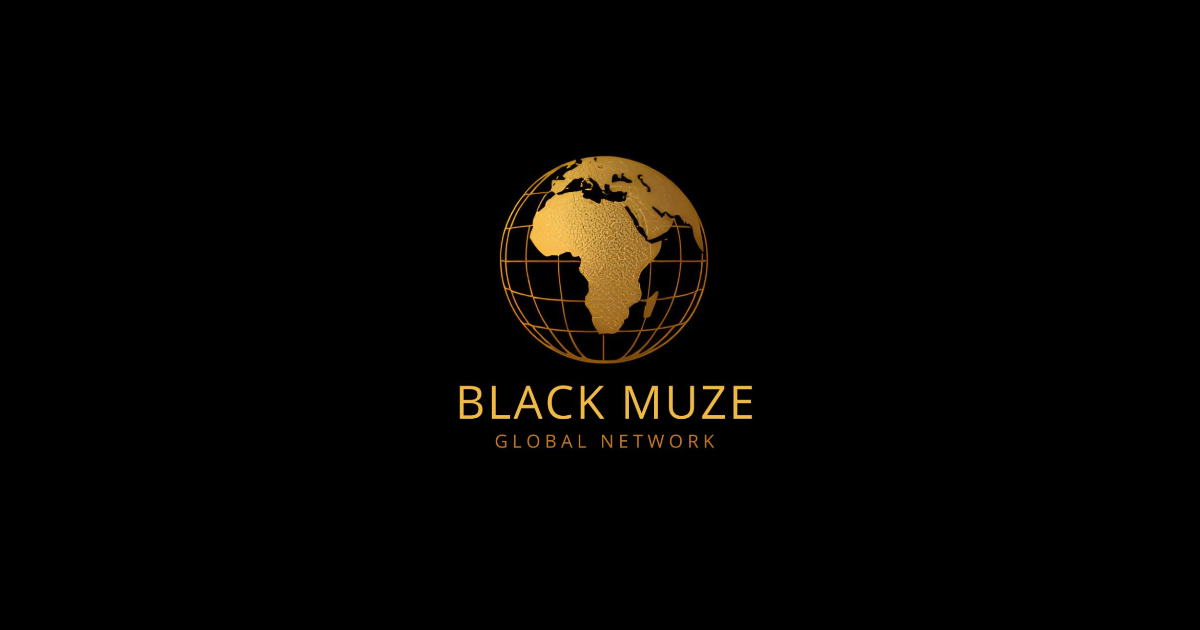A black background with a gold globe showing Africa and parts of Europe and Asia, with the text 'Black Muze' and 'Global Network' below it.