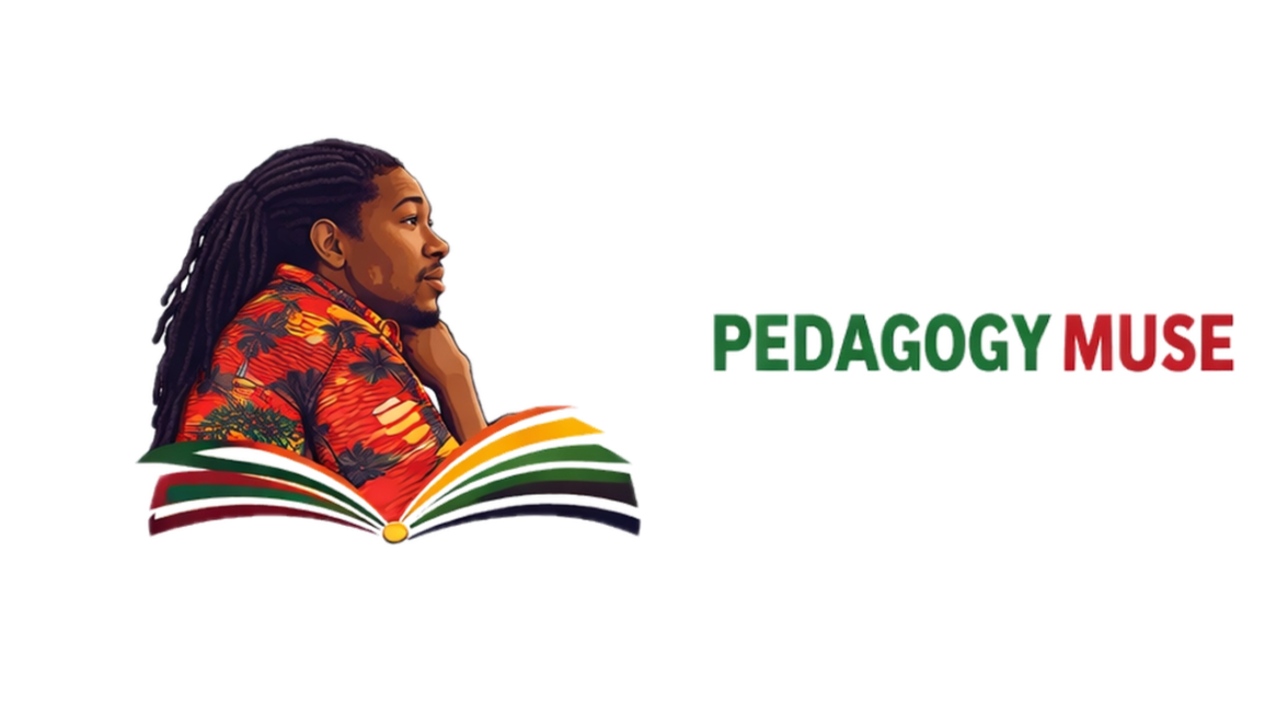 An illustration of a man with long dreadlocks wearing a red tropical shirt, looking to the left, with part of a colorful open book beneath him. To the right, the text reads "PEDAGOGY MUSE" in bold green and red letters.