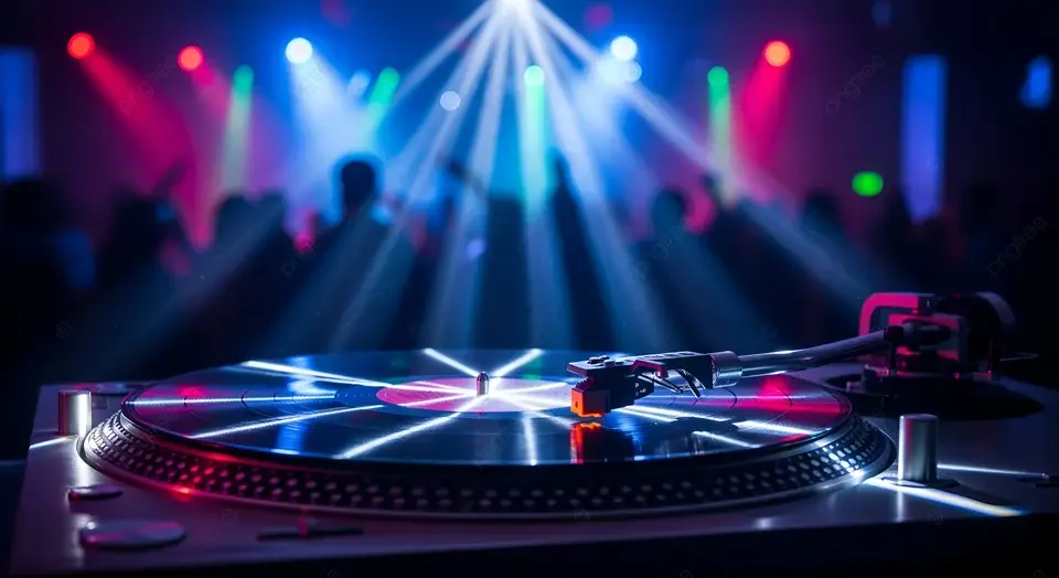 A DJ turntable in front of a crowd at a nightclub, with colorful stage lights and laser effects.