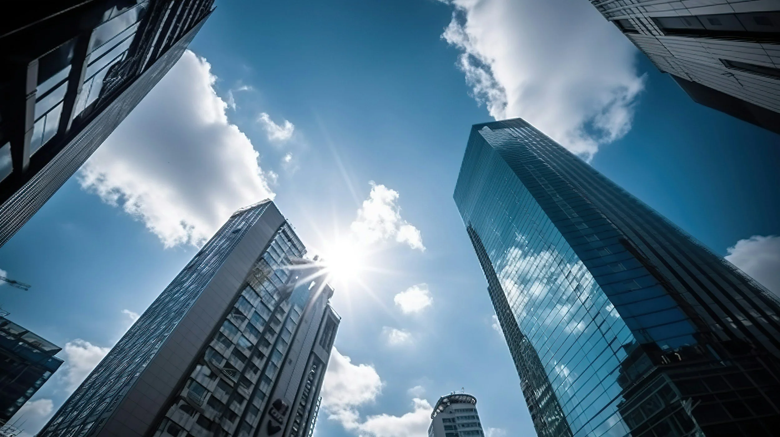View of tall skyscrapers in a city from below, with the sun shining through a partly cloudy sky.