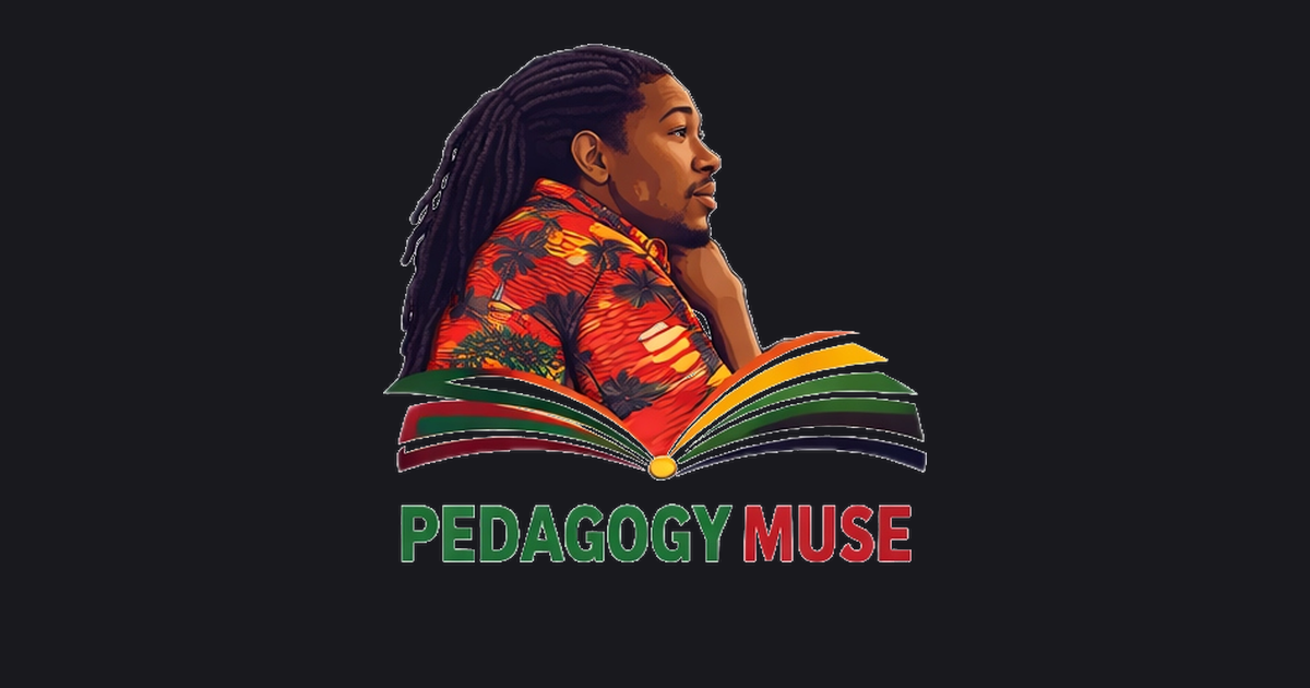Illustration of a man with dreadlocks in profile, wearing a colorful Hawaiian shirt, positioned above an open book with a graduation cap design. The text underneath reads "PEDAGOGY MUSE" with "PEDAGOGY" in green and "MUSE" in red.