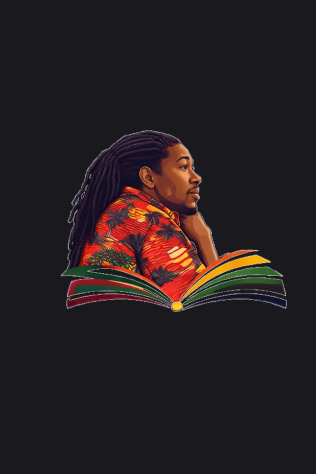 Illustration of a man with dreadlocks wearing a colorful Hawaiian shirt, looking to the side, with an open book beneath him with multicolored pages.