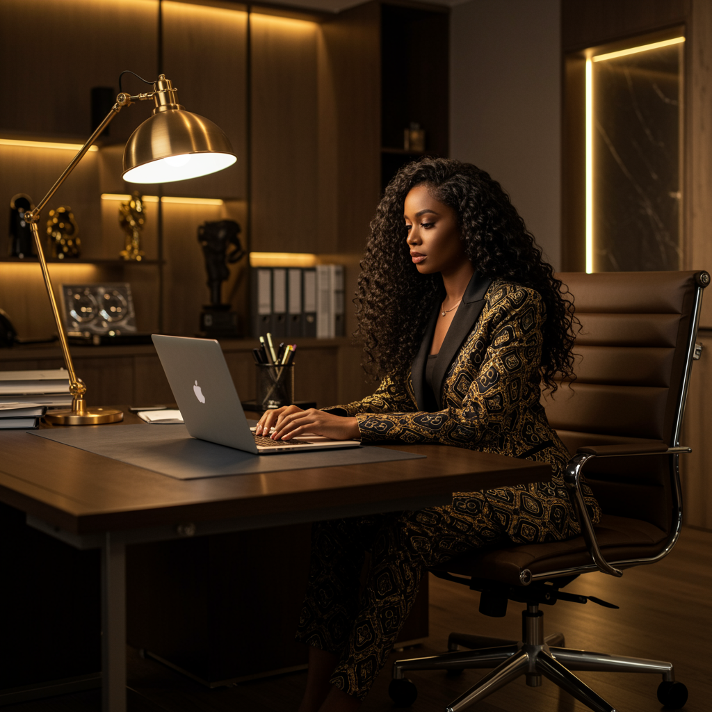 A woman working on a MacBook laptop in a modern, dimly lit office with warm lighting and decorative shelves.