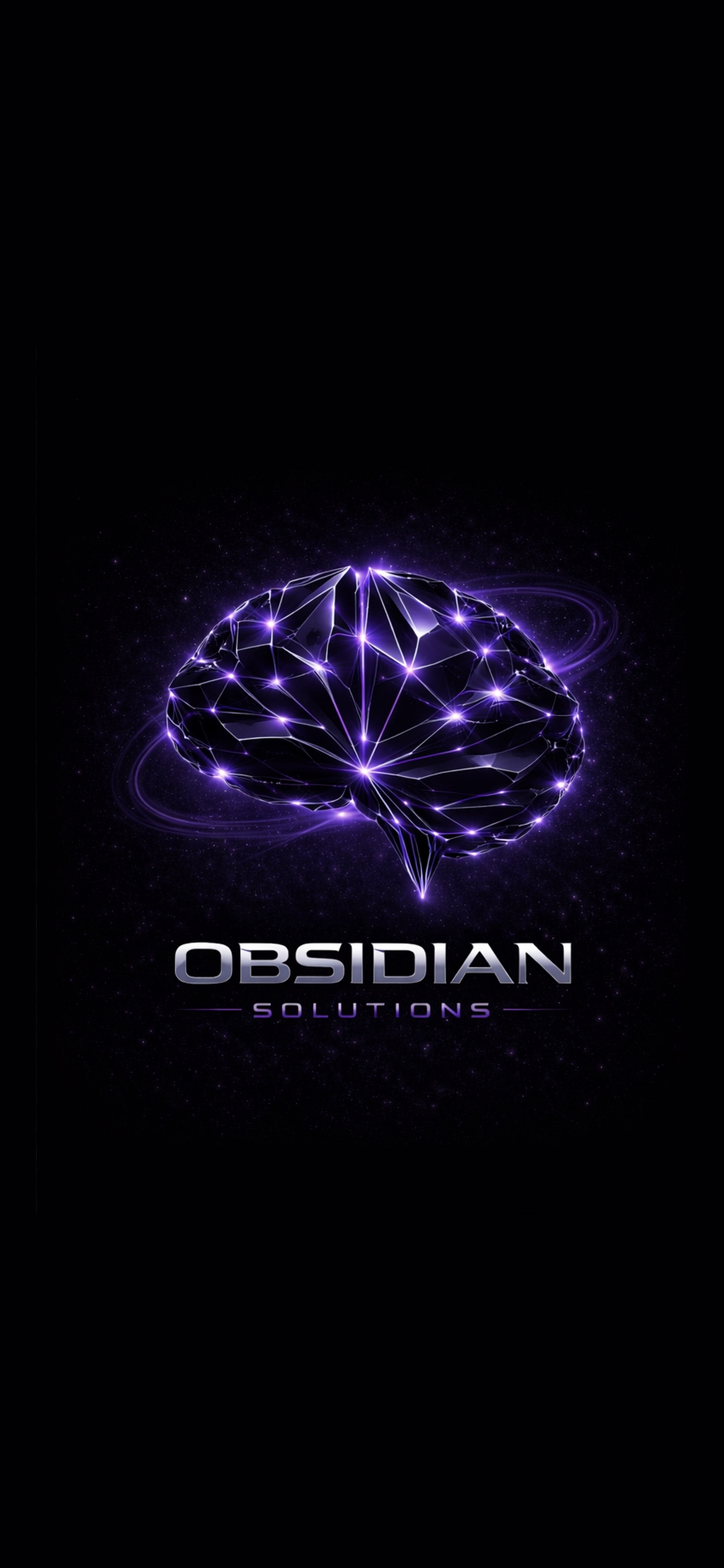 A digital illustration of a brain with glowing purple lights, surrounded by a cosmic background, with the text 'Obsidian Solutions' underneath.