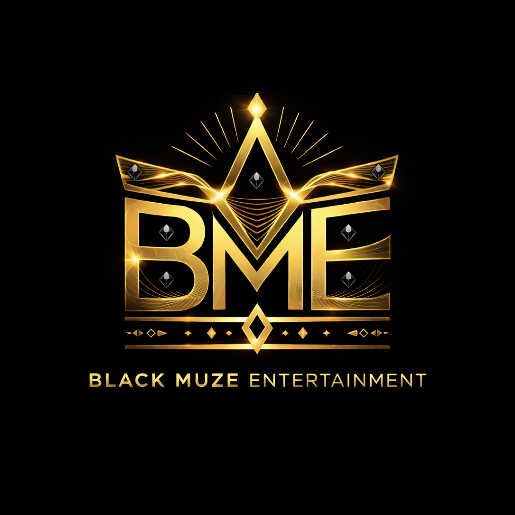 A logo for Black Muze Entertainment featuring a gold and black design with the initials BME and a crown-like emblem, set against a black background.
