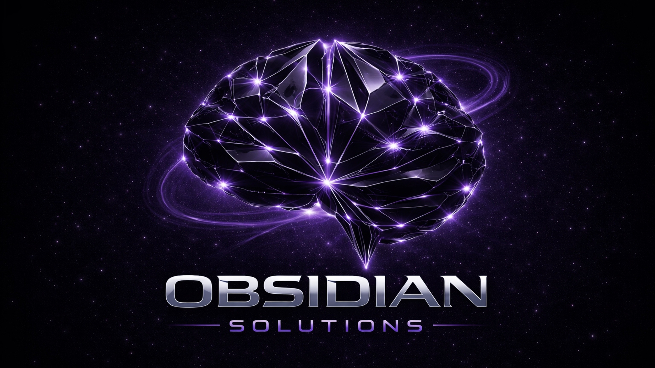 A digital illustration of a glowing, futuristic brain in space with connecting lines and bright points of light, and the words 'Obsidian Solutions' below it.