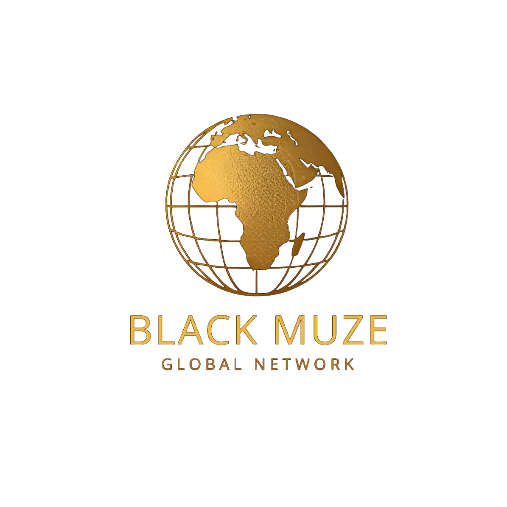 Gold and black globe with the text "BLACK MUZE" above "GLOBAL NETWORK" at the bottom.