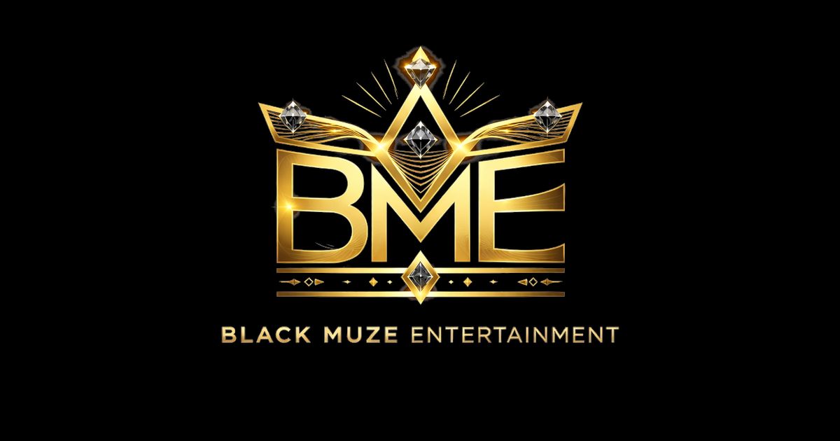 A black background featuring a gold and diamond logo with the letters 'BME' and stylized wings, above the text 'Black Muze Entertainment' in gold.