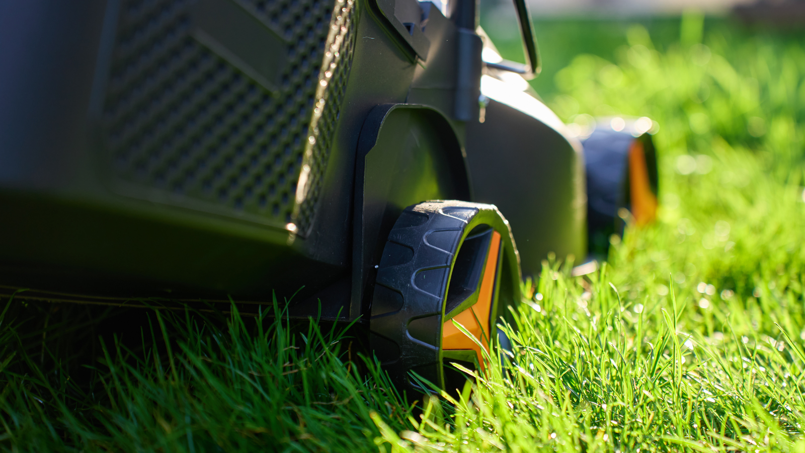Close-up of a robotic lawn mower on green grass in sunlight.