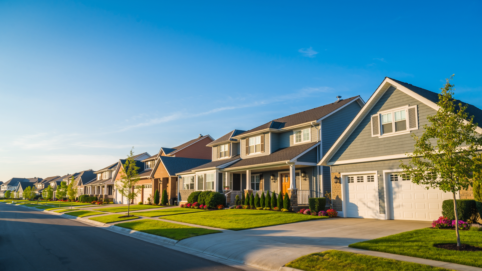 A row of suburban houses with well-maintained lawns, trees, and a clear blue sky.