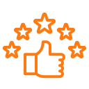 Orange outline of a thumbs-up icon with five stars above it.