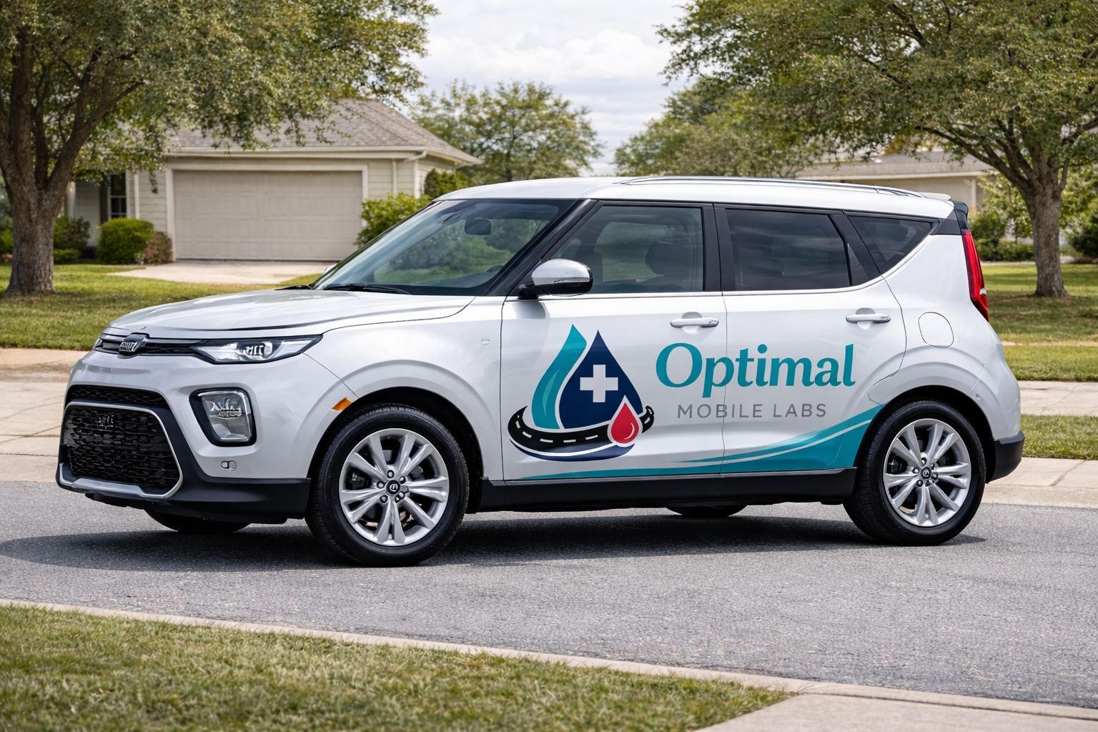 A white compact SUV parked on a suburban street with trees and houses in the background, displaying the logo and branding of Optimal Mobile Labs.