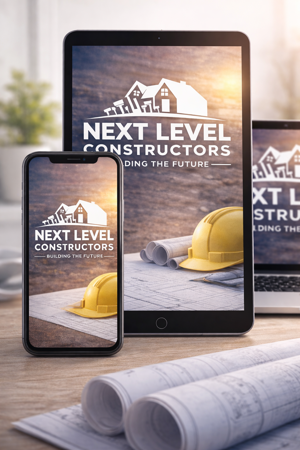 Displays digital devices showing a construction company's logo, with blueprints and a yellow hard hat on a wooden table.