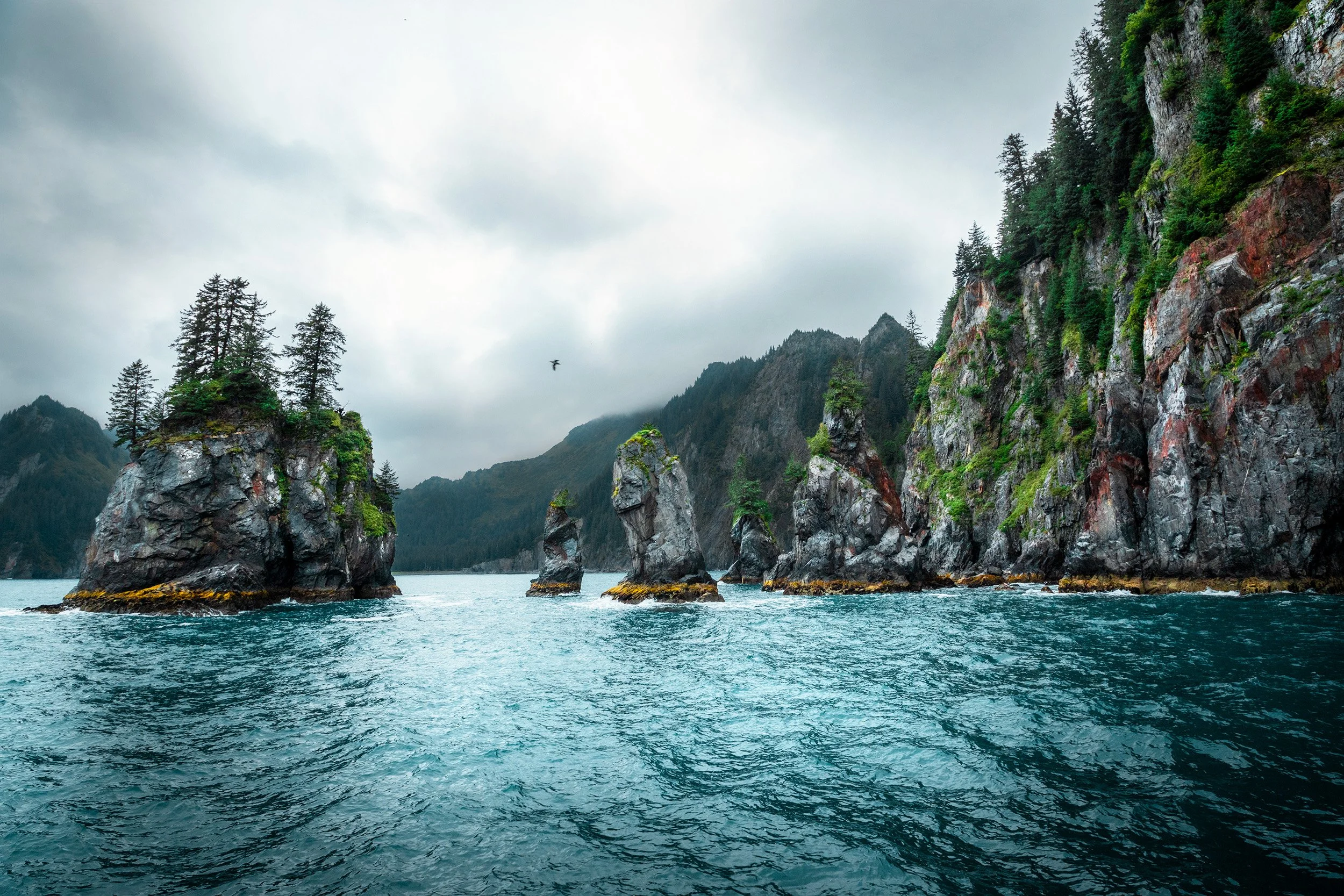 Coastal view of rugged cliffs with green trees and rocky formations in the water under cloudy sky.
