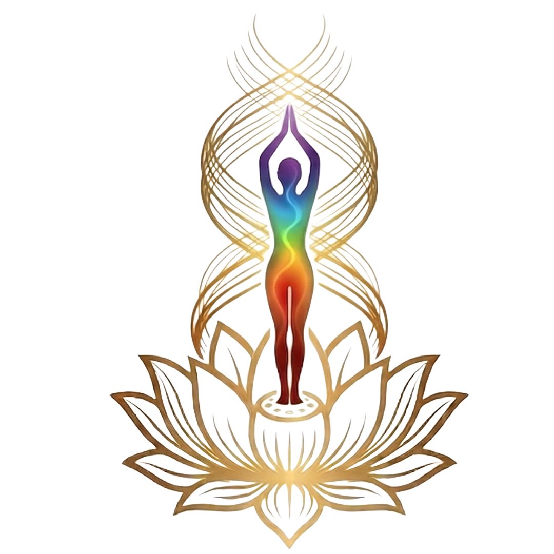 A stylized, rainbow-colored human figure with its arms raised above its head, seated on a lotus flower, surrounded by intricate gold patterns resembling energy or aura.