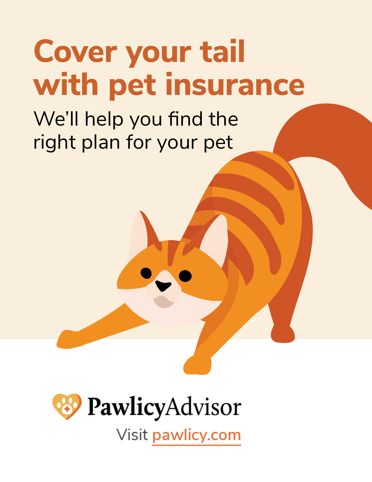 Pawlicy Advisor promo image showing an orange cat with a bushy tail "cover your tail with pet insurance"