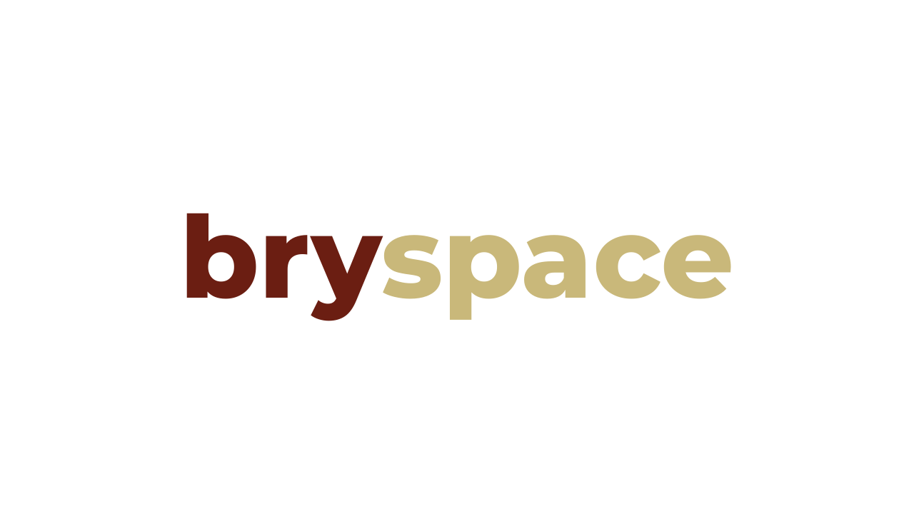 The image displays the phrase 'bryspace' with the words 'bry' in dark red and 'space' in beige, set against a black background.