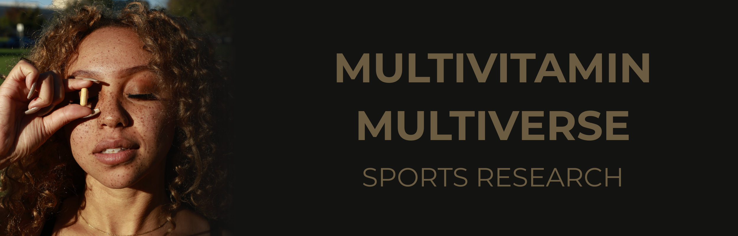 A woman with curly red hair, freckles, and closed eyes taking a multivitamin capsule outdoors, with text overlay reading 'Multivitamin Multiverse Sports Research'.