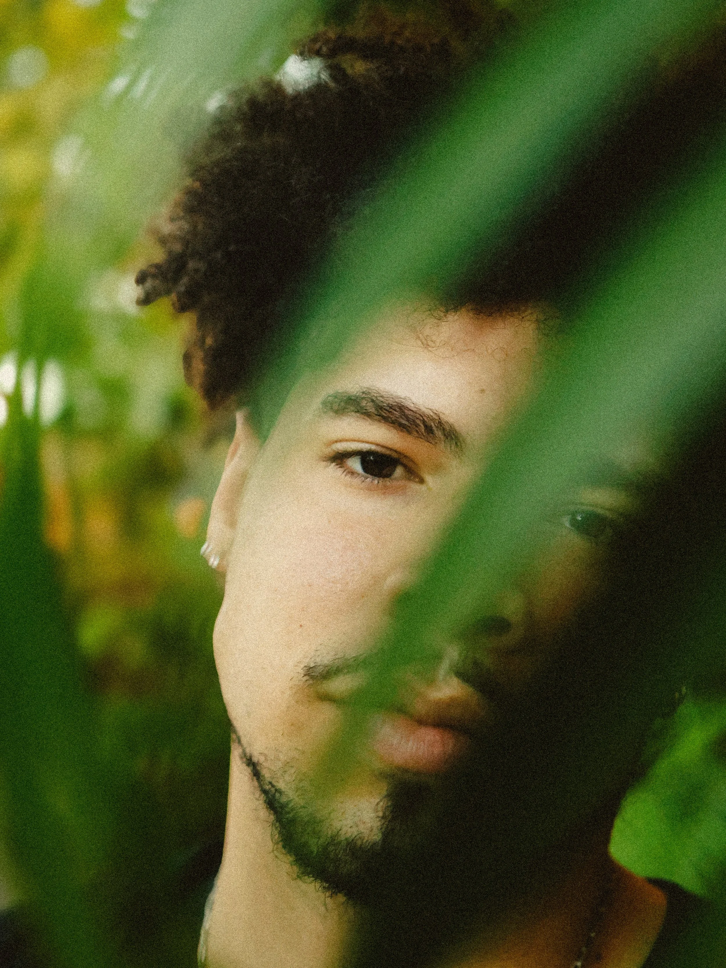 A person with a black beard and styled black and brown hair, partially obscured by green leaves, facing the camera with one eye visible.