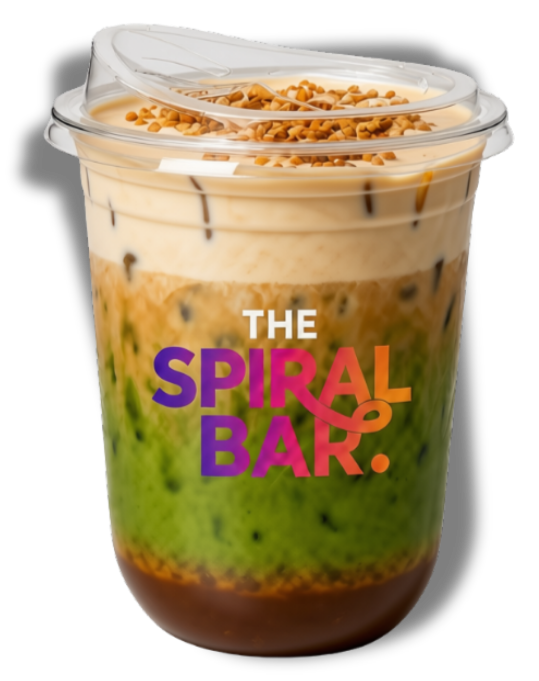 Layered poke bowl in clear plastic container with lid, topped with chopped nuts, branded 'The Spiral Bar' in colorful letters.