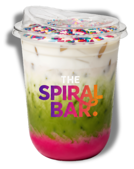 A clear plastic cup with layered colorful drink, topped with sprinkles and a transparent lid, featuring the logo 'The Spiral Bar' in purple, red, orange, pink, and white.