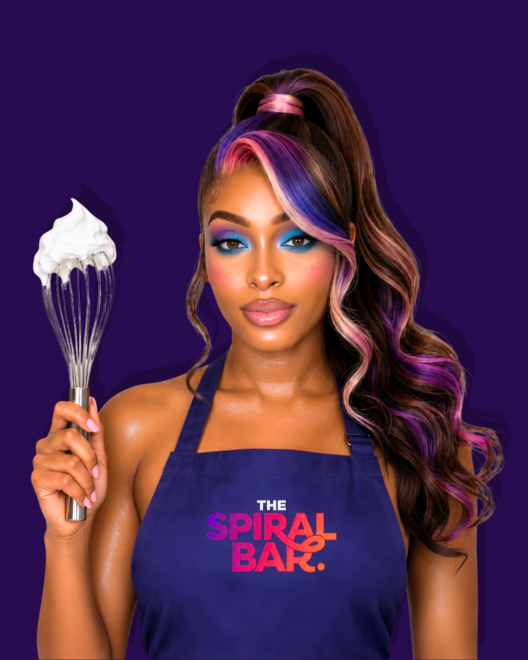 Woman with colorful hair in shades of pink, purple, and brown, holding a whisk with whipped cream, wearing a navy apron with 'The Spiral Bar' logo, against a purple background.