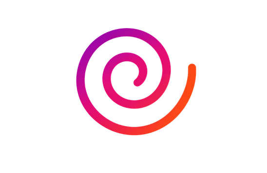 Colorful spiral logo with pink, purple, and orange hues.