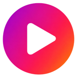 A circular button with a gradient pink and purple background featuring a purple play icon in the center.
