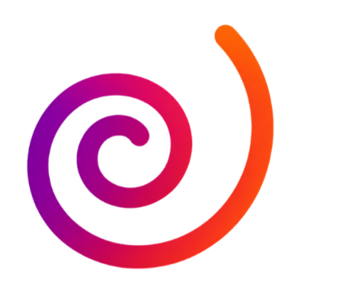 Illustration of a colorful, stylized spiral shape with gradient purple and orange colors.