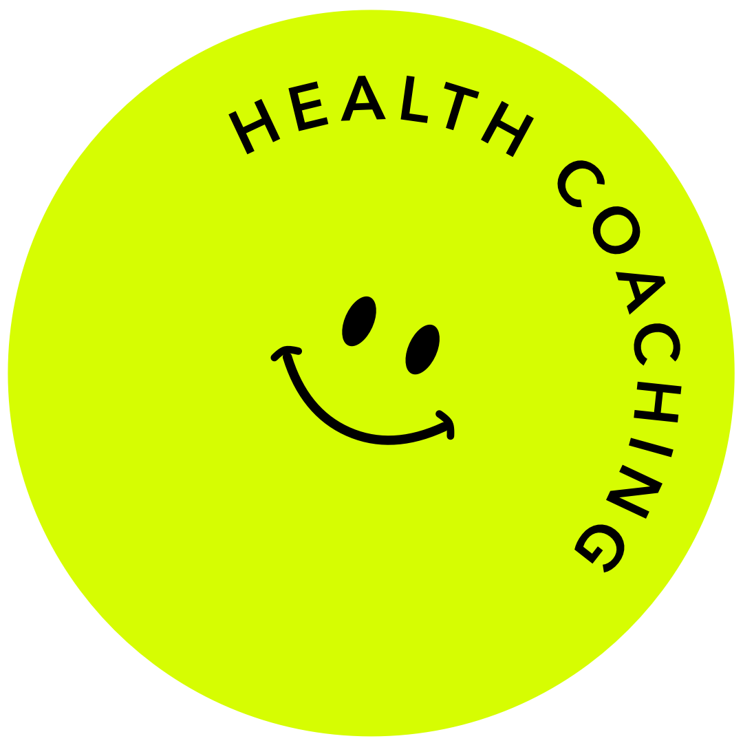Lime green circular badge with a smiley face and the words 'HEALTH COACHING' curved around the top.
