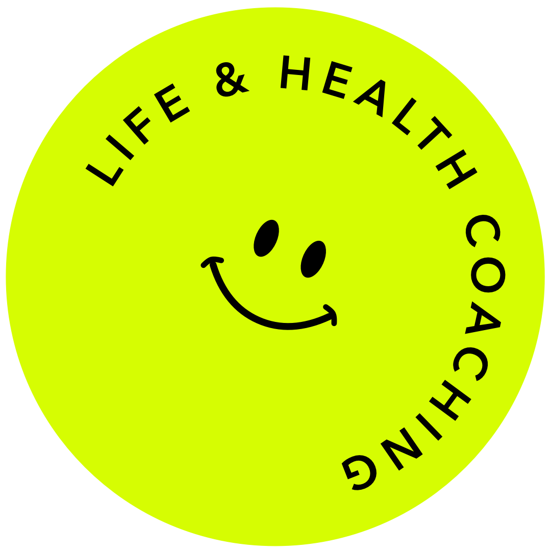 Bright yellow circular sticker with a smiley face and the words 'LIFE & HEALTH COACHING' around the edge.