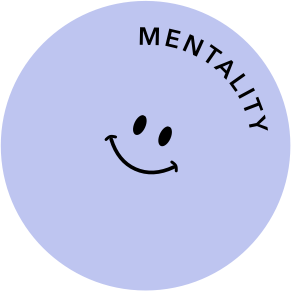 A purple circle with a smiling face and the words 'MENTALITY' around it.