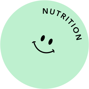 Ein grüner Kreis mit einem lachenden Smiley und dem Wort 'NUTRITION' an der Oberseite.