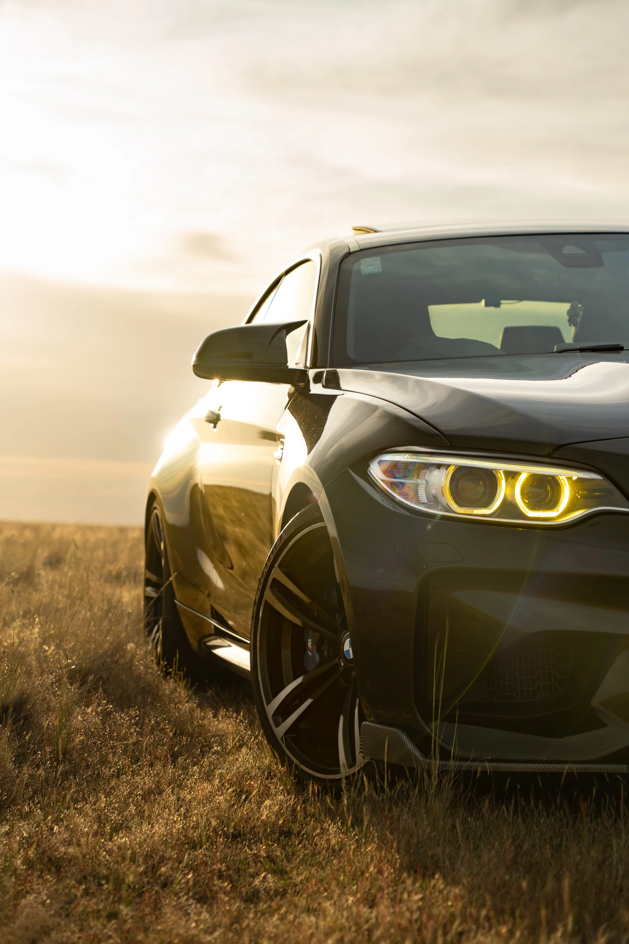 A black BMW sports car parked on a grassy field during sunset.