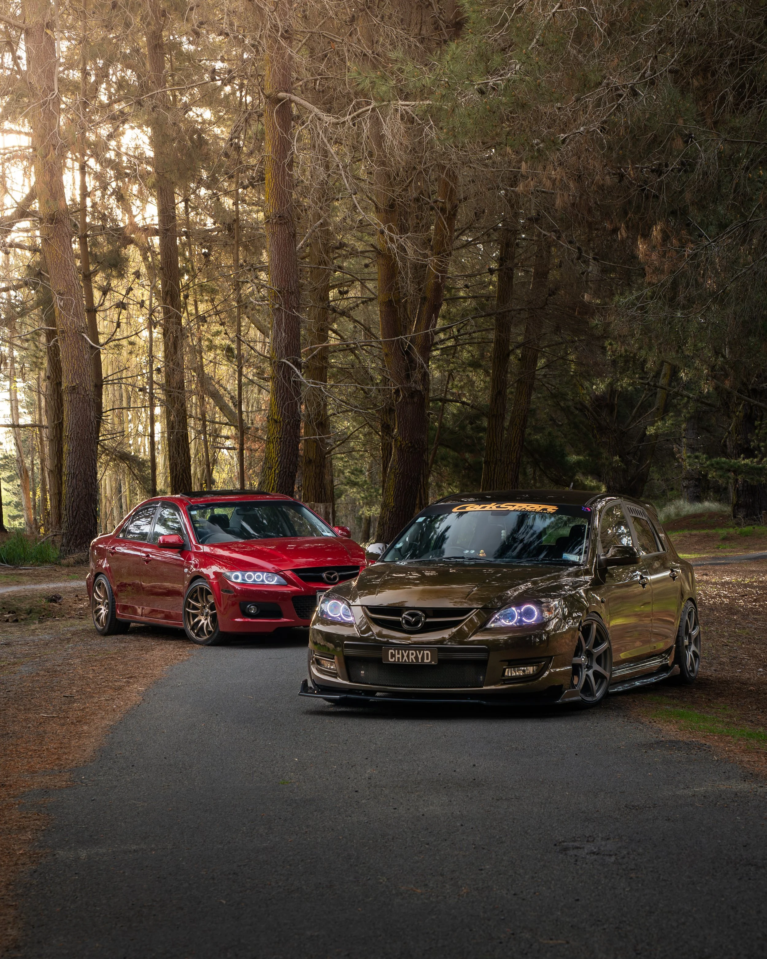 Two modified Mazda cars parked on a forested road with tall trees in the background, one red and one bronze with custom bumpers and license plates.