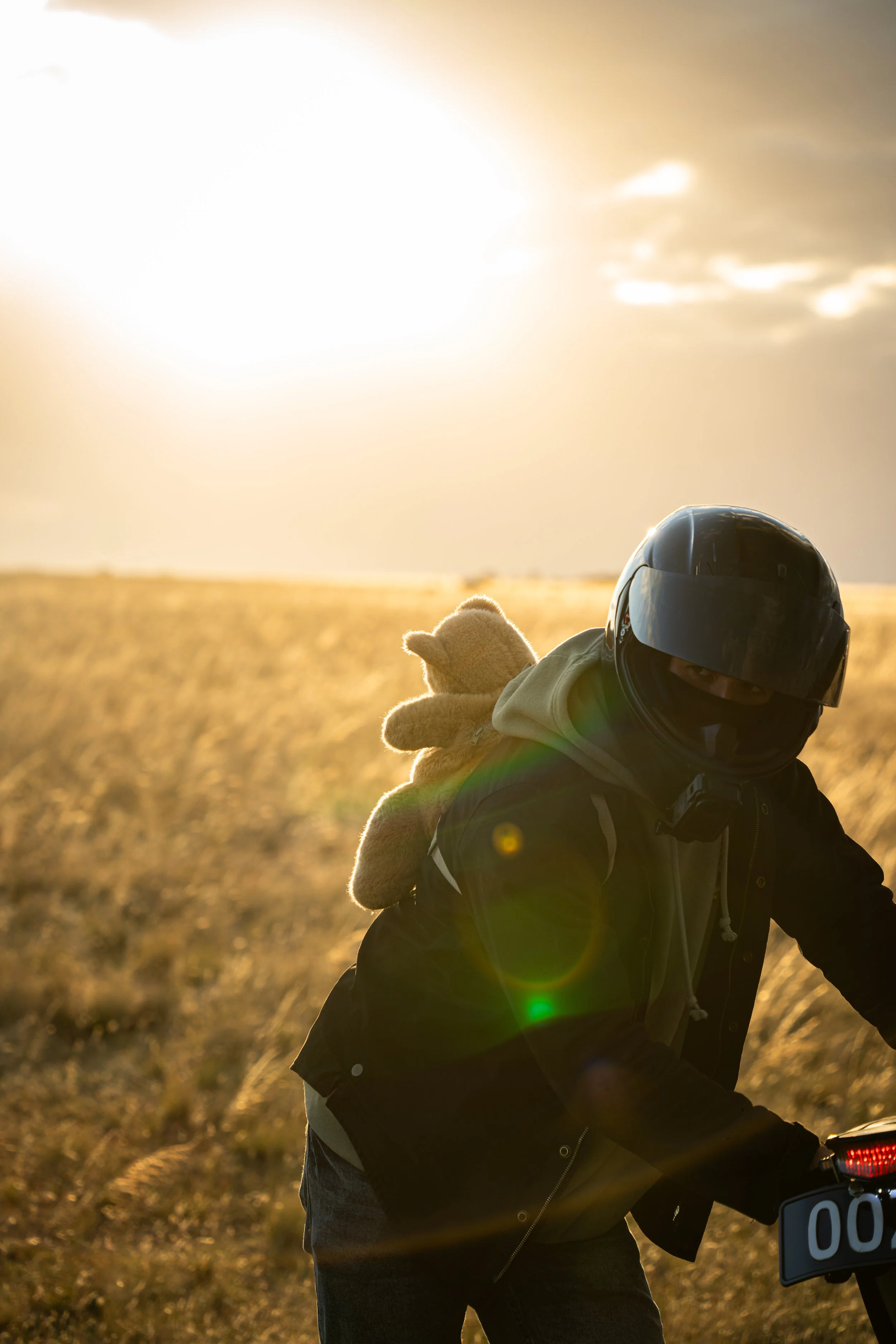 Person wearing a motorcycle helmet riding a scooter in an open field during sunset with a teddy bear on their back.