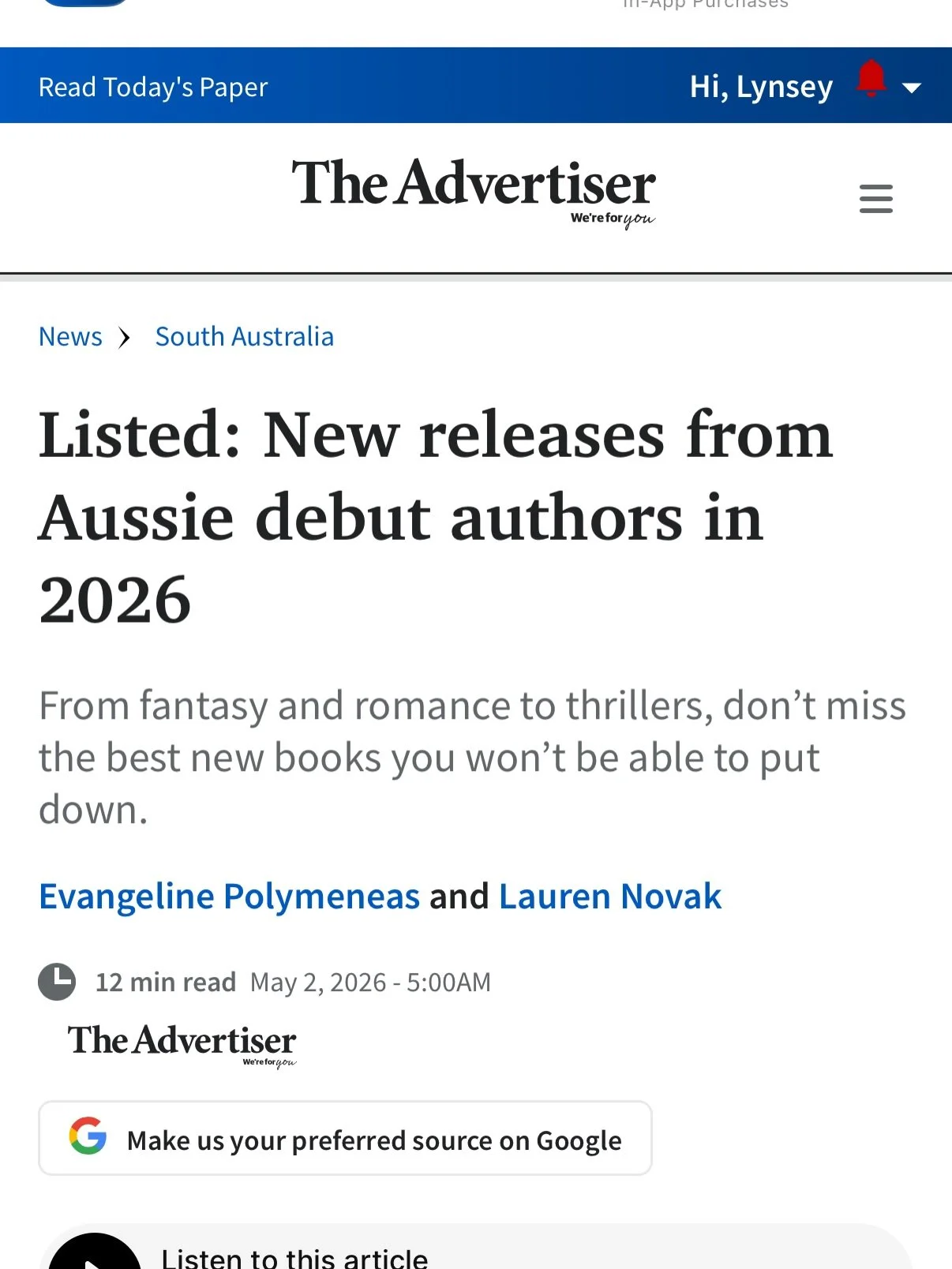 What a lovely list to be included on. Bailey Street is in great company here among this diverse and brilliant list of debut novels for 2026. Thank you @laurennovakwrites and Evangeline Polymeneas! Head to Adelaidenow.com.au and other newscorp sites f