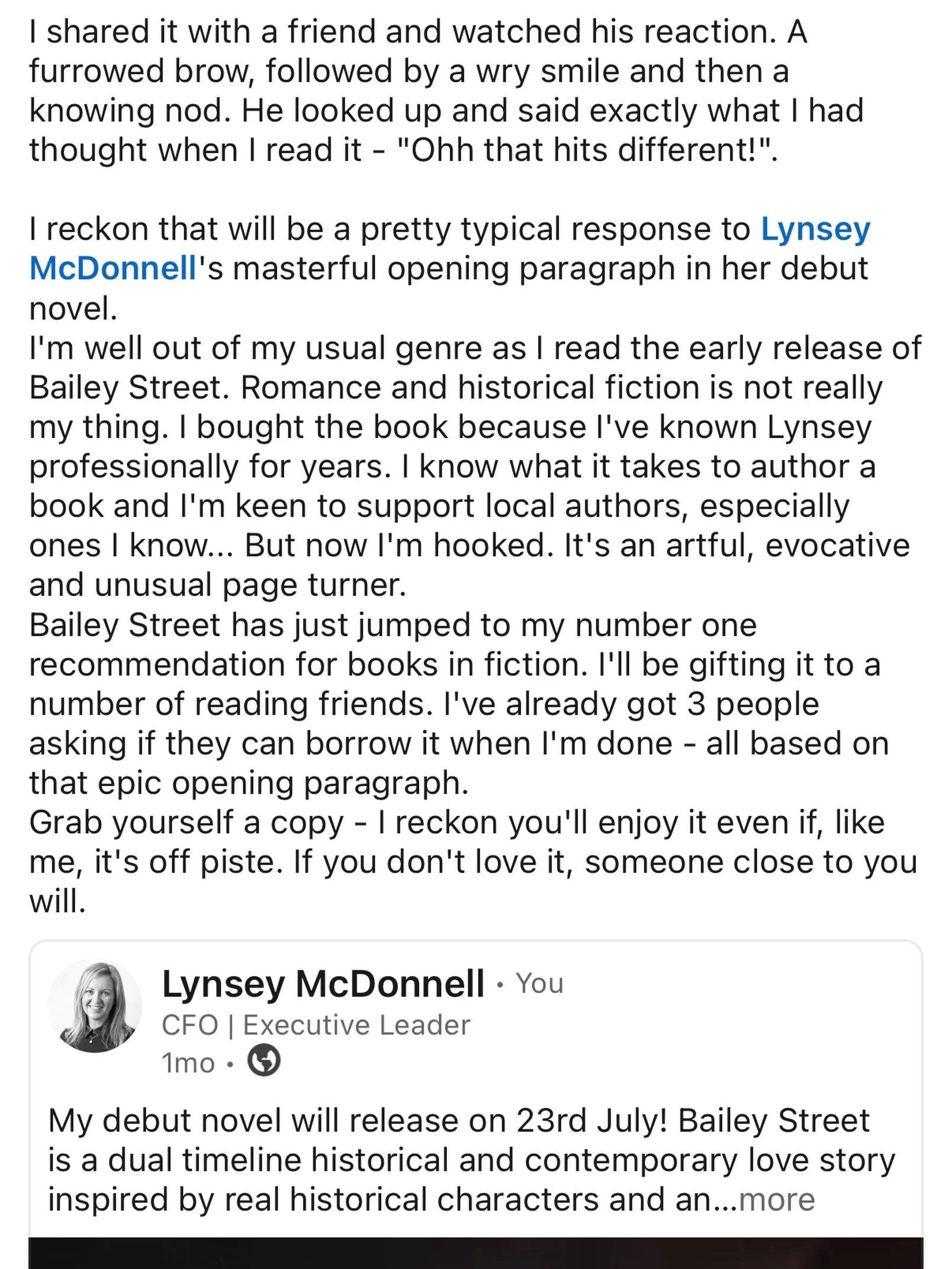 Blown away by this early endorsement on LinkedIn from Mike House - survival instructor and leadership facilitator. There&rsquo;s something extra special about knowing men are enjoying this book, too! Thank you, Mike 🙏

#debutauthor #fremantlestory #